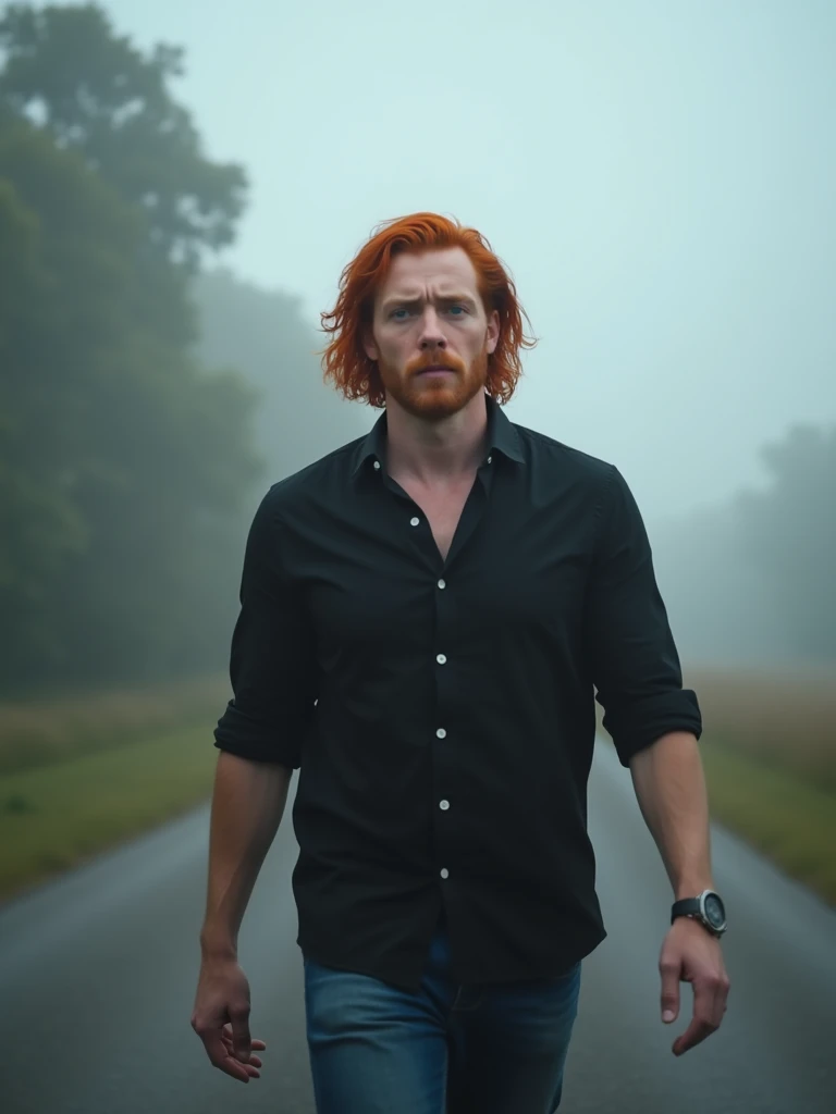 A photo of a man with long red hair and blue eyes. He is wearing a black shirt and jeans. He is walking into a foggy road at noon. The background is blurred and contains trees.