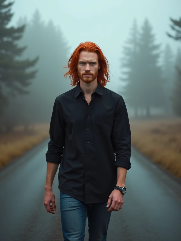 A photo of a man with long red hair and blue eyes. He is wearing a black shirt and jeans. He is walking into a foggy road at noon. The background is blurred and contains trees.