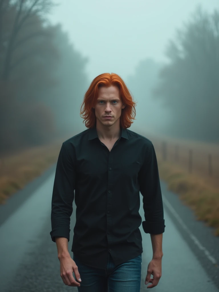 A photo of a man with long red hair and blue eyes. He is wearing a black shirt and jeans. He is walking into a foggy road at noon. The background is blurred and contains trees.