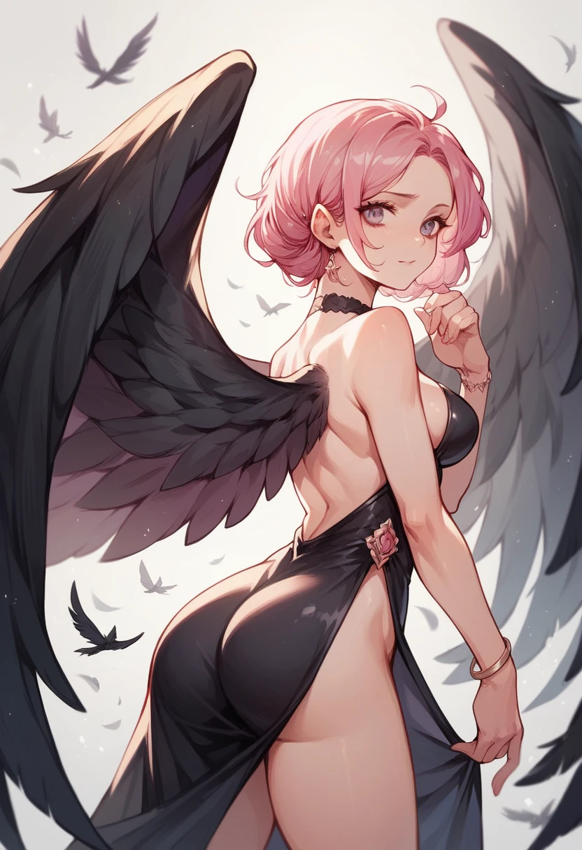 Pink haired girl in an elegant pink sexy dress, medium breasts, big butt , perfect face and hands, wide black wings, wide black wings, wide black wings