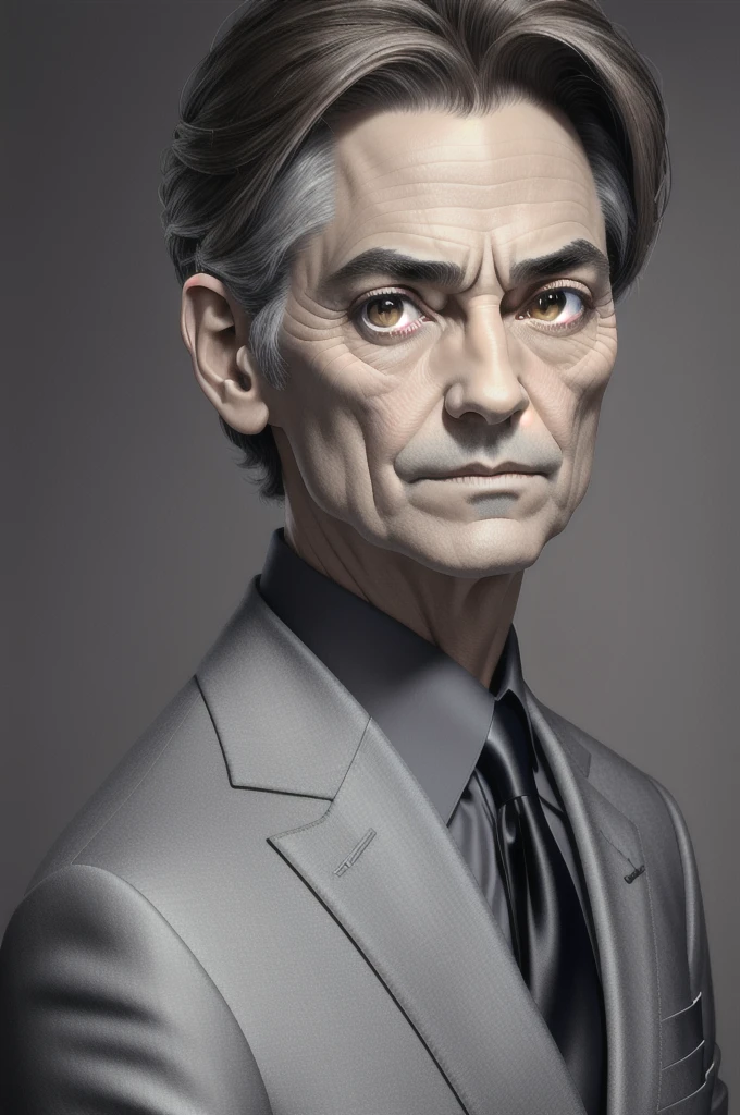 (The best quality,High Resolutions),portrait,50 year old man,With a very elegant dress,Grey tailored suit,Detailed and realistic face,short grayish brown hair,flat hair cut,with a slim build,determined expression,Hollow eyes,strong jawline,Faint wrinkles around the eyes and mouth,well-groomed eyebrows,subtle crow's feet near the eyes,glare,Mature and self-confident look,subtle smile on her lips,Slightly arched eyebrows,defined cheekbones,square face,sculpted chin,mustache,stubble beard,Elegant posture,Standing in front of a neutral background,Soft and uniform lighting,Slightly warm color tone,emphasis on the sophisticated and charismatic aura of the man.