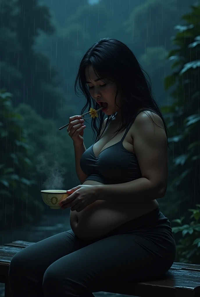 On a dark night in the bush and rain, A 20 year old Indonesian who is fat and has big breasts wearing a tank top, yawning facial expression but sitting on a bench eating soup