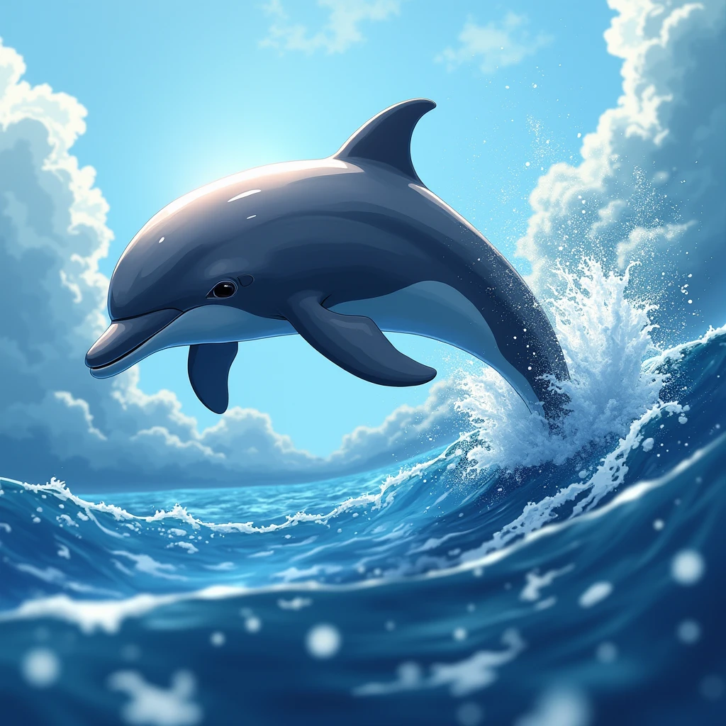 An anime-style ultra close-up of a dolphin leaping out of the ocean. The dolphin's sleek body is rendered in hyperdetailed shades of grays and blues. Light beams glisten off the water droplets and create a splash of radiant colors. The ocean background is painted with intricate details, including the shimmering surface of the water and the dynamic waves. The dolphin's motion is captured with a sense of fluidity and grace, as the light and water interact to enhance the 3D effect. The scene conveys the joy and freedom of the dolphin's leap, with every detail meticulously depicted.