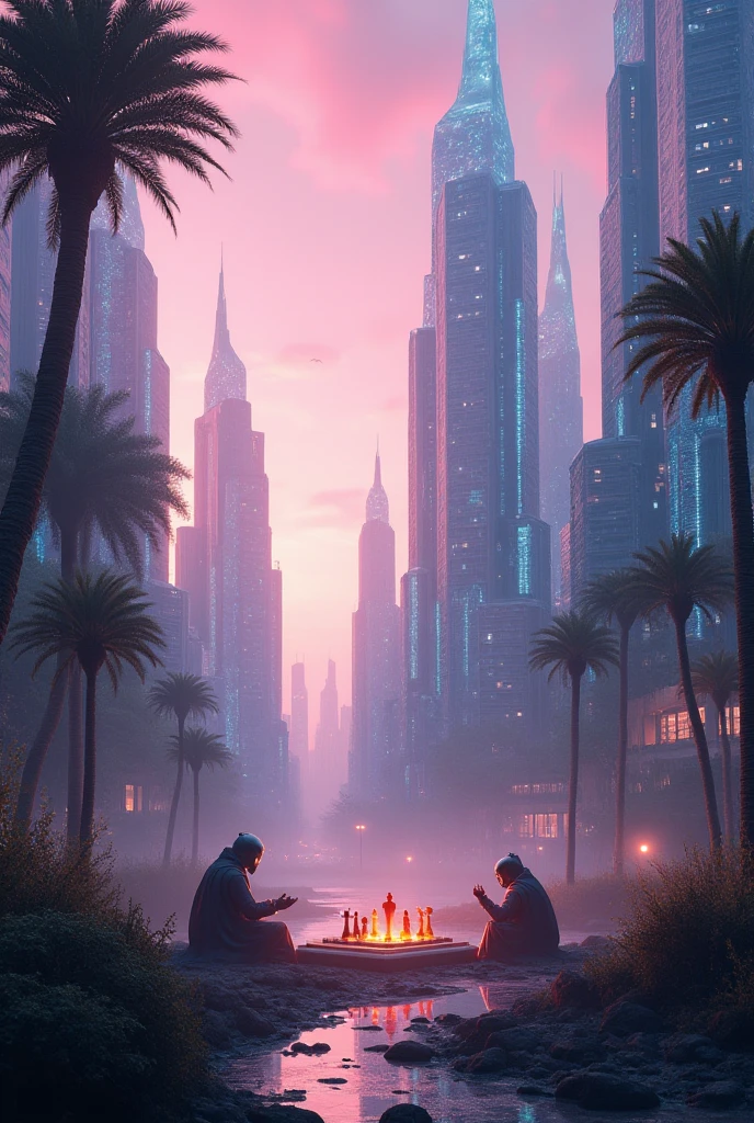 A futuristic city where trees are made of glass, and buildings grow like plants, glowing with neon lights under a pink sky.""A giant robot playing chess with a wizard in the middle of a forest, surrounded by animals watching the game intently.""A time-traveling pirate ship floating through space, with cosmic waves crashing against its sails made of stardust.""A dragon made of water soaring through the clouds, its body shimmering with reflections of the ocean below