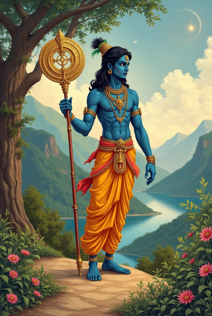 Create an image of krishna god stand up with his chakra.