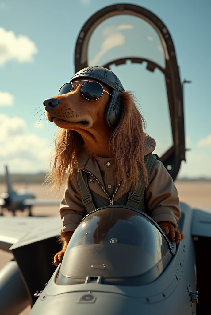 Dachshund　Longhaired　Brown、Boarding the cockpit of a landing F15 fighter jet、The canopy is open、ヘルメットof the fighter「JTt」it is written like this、Wearing sunglasses、Fighter pilot suit、He has a fighter pilot helmet、In the background　An airfield in a hotly contested area where fighter planes are fighting