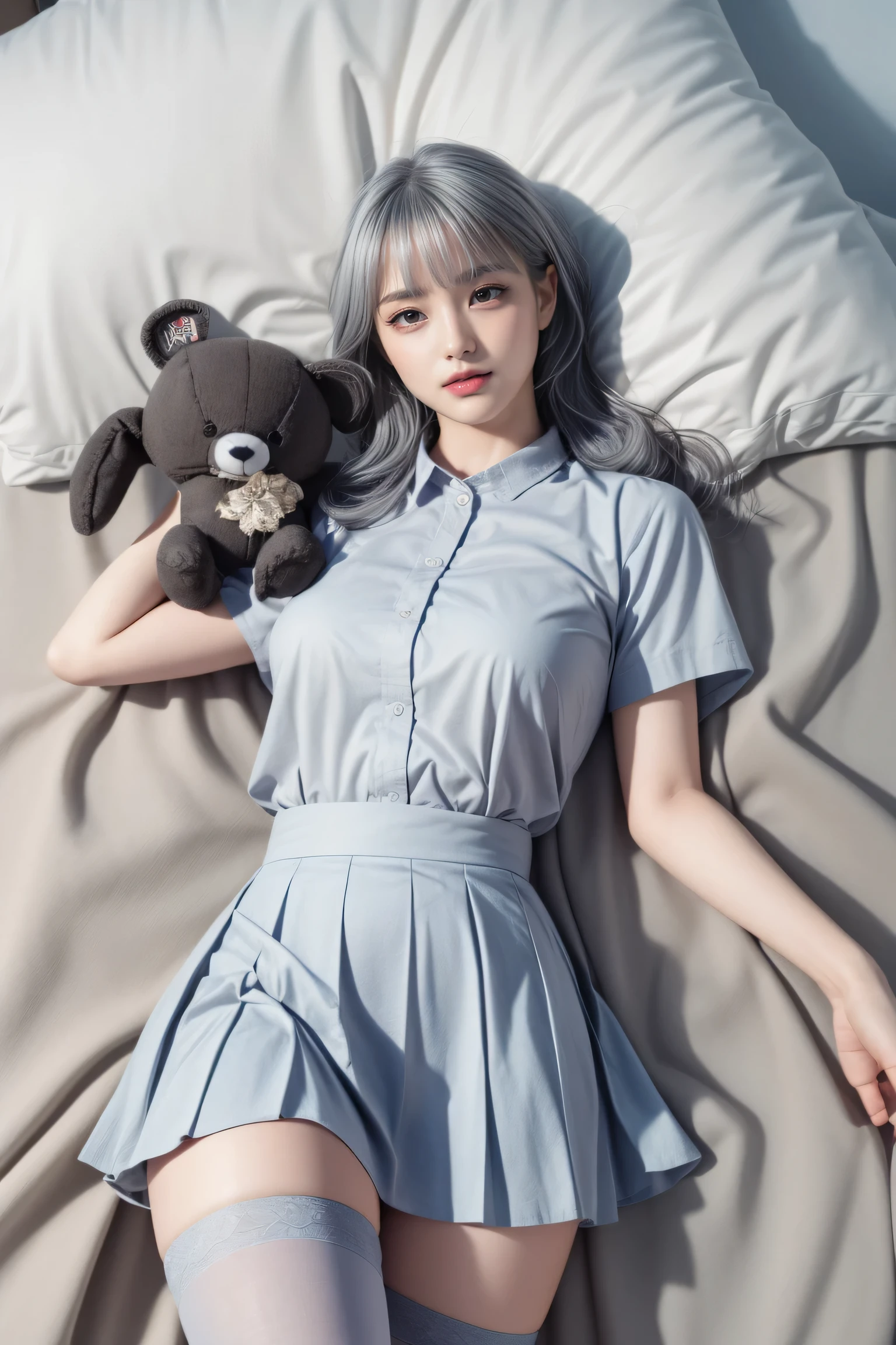 ((Lying in bed))、Mature Woman、Light blue hair、((Light grey hair))、(((Two-tone hair)))、Black taupe dress with delicate light blue decoration、Slender women、Cute Woman、 8K Ultra HD,Detailed face、Delicate texture, Long Hair、(((Blunt bangs)))、(((Drill Hair)))、Tutu skirt、Thigh-length tights、short boots、((Oriental router))、mini skirt、A room in a Western-style building、((Delicate photo)),(Girl Astepeace RAW Photo Details:1.25), (Highest quality:1.6), (Ultra-high resolution:1.5), (Realistic:1.75), 8k resolution, Canon EOS R5, 50mm, Absurd, Very detailed,Cinema Lighting、((stuffed toy:1.3))、Browsing Caution:1.5(Full Body Shot)、(smile)、