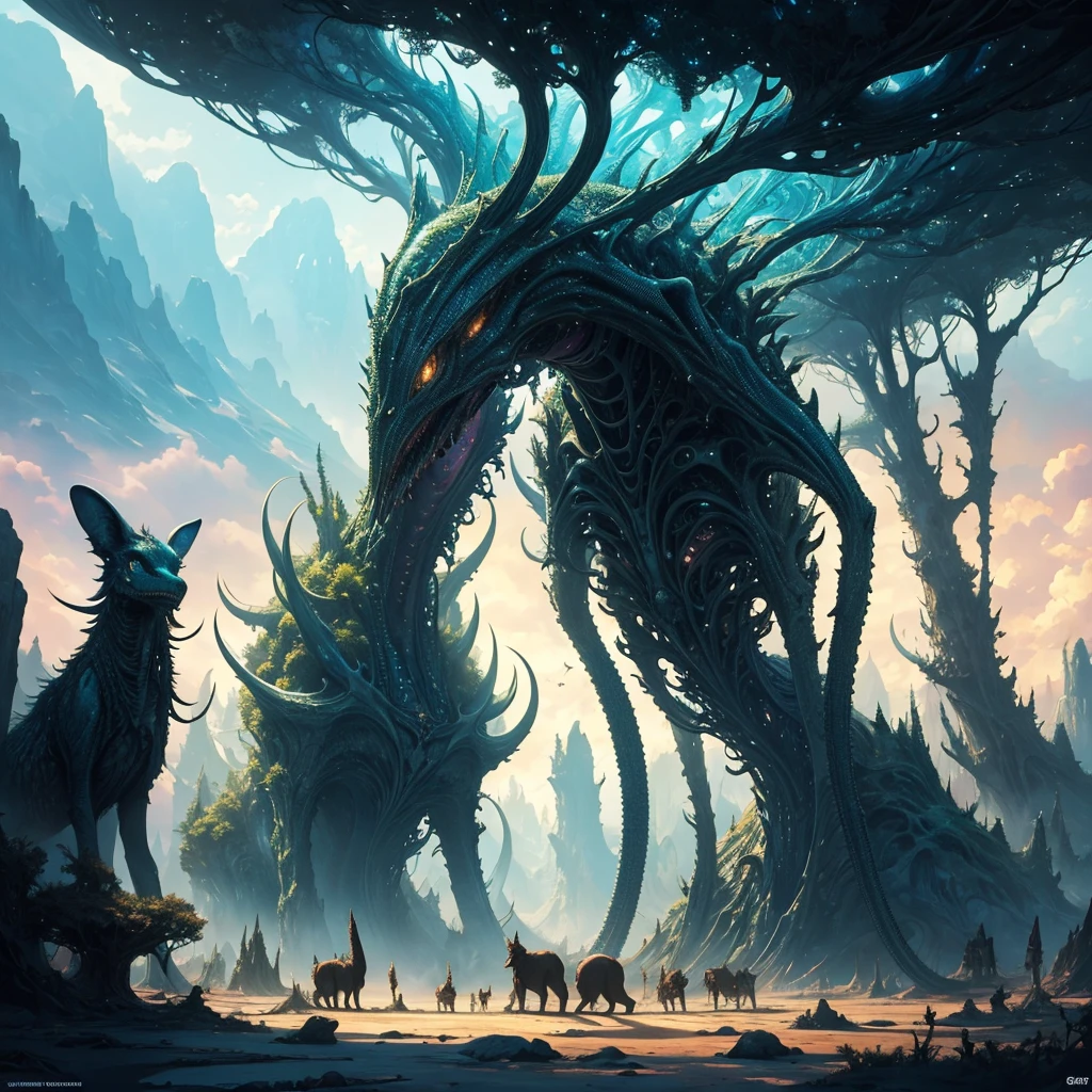 An odd assortment of mystical creatures roaming an extraterrestrial landscape, alien flora intermingling with curious beasts displaying a multitude of peculiar features, enigmatic skies casting otherworldly illumination, panoramic alien world view, wide-angle, rich vivid colors, digital painting, ultra clear, surreal masterpiece