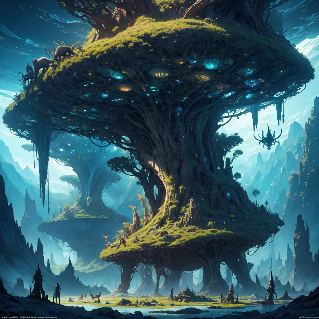 An odd assortment of mystical creatures roaming an extraterrestrial landscape, alien flora intermingling with curious beasts displaying a multitude of peculiar features, enigmatic skies casting otherworldly illumination, panoramic alien world view, wide-angle, rich vivid colors, digital painting, ultra clear, surreal masterpiece