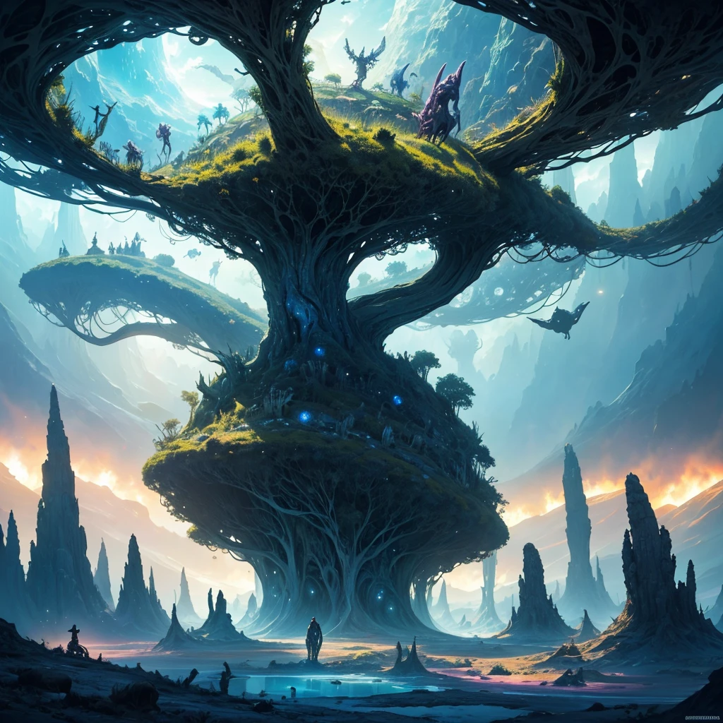 An odd assortment of mystical creatures roaming an extraterrestrial landscape, alien flora intermingling with curious beasts displaying a multitude of peculiar features, enigmatic skies casting otherworldly illumination, panoramic alien world view, wide-angle, rich vivid colors, digital painting, ultra clear, surreal masterpiece