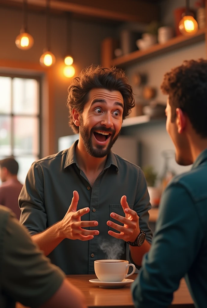 one guy in the right side talking in excited face in the small coffee shop