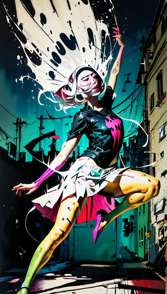 by Tsutomu Nihei,(violent but extremely beautiful:1.4),(masterpiece, best quality:1.4),in the style of nicola samori,dancing,Spider Gwen,posing with attitude, Ukiyo-e Art,ColorART,colorful ,in the style of esao andrews,esao andrews style,esao andrews art,esao andrews