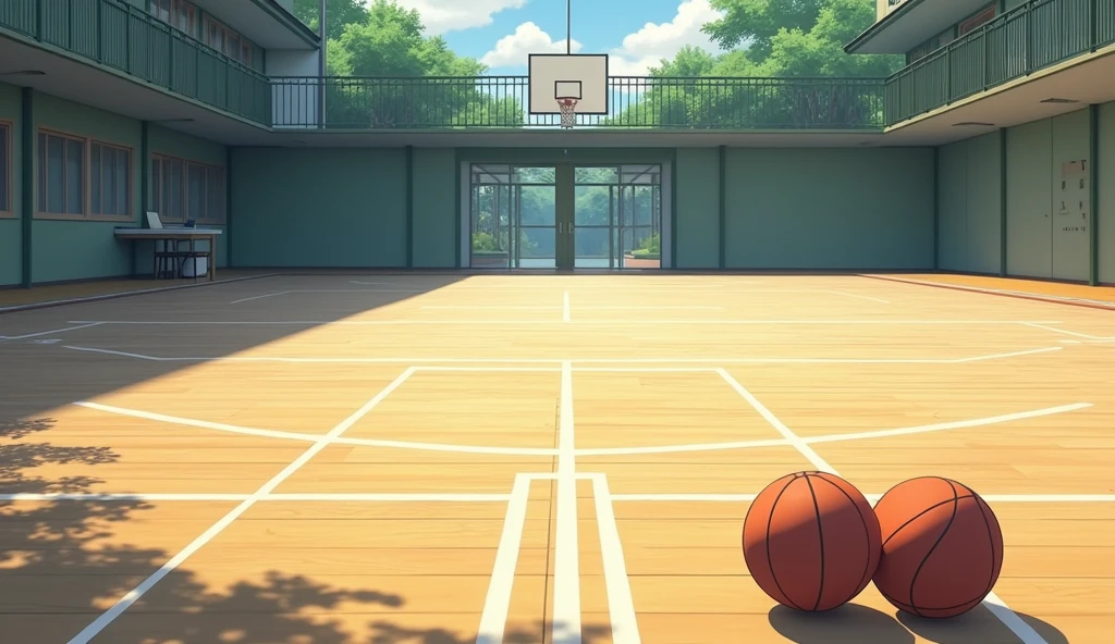 a Japanese school basketball court. the floor is wooden, the court is empty without any people; there are 2 basketball balls on the floor next to the table, and there is a table outside the court with a laptop; masterpiece, super detailed. image taken fr;om afar, anime art