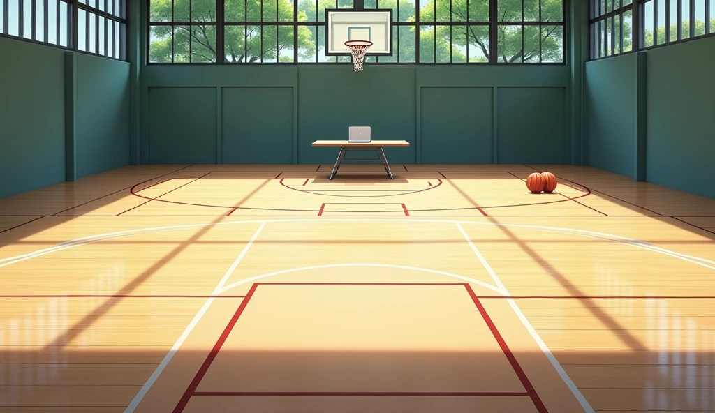 a Japanese school basketball court. the floor is wooden, the court is empty without any people; there are 2 basketball balls on the floor next to the table, and there is a table outside the court with a laptop; masterpiece, super detailed. image taken fr;om afar, anime art