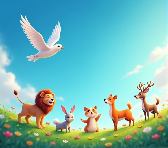 The bird flying joyfully in the sky, and rabbit and the other animals lion deer cat dog watching from below, smiling and waving.
