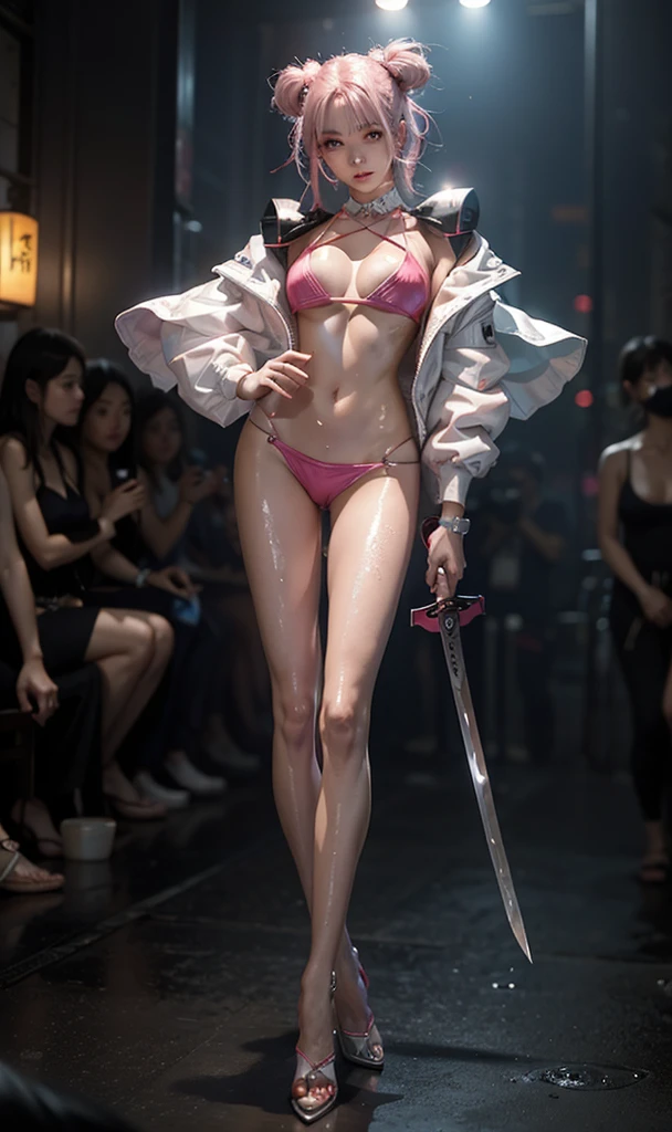 highest quality、Surreal、Perfect Anatomy、Crowded busy street、Surrounded by spectators、Crowd、Wet and shiny white skin、Sweat dripping all over the body、Slender model figure、Ahegao、Silver and pink hair、soaked、Super small face、Collars and Leads、Large cleavage、Cyberpunk City、photo shoot、Countless Swordicro Bikini、Japanese sword、latex、