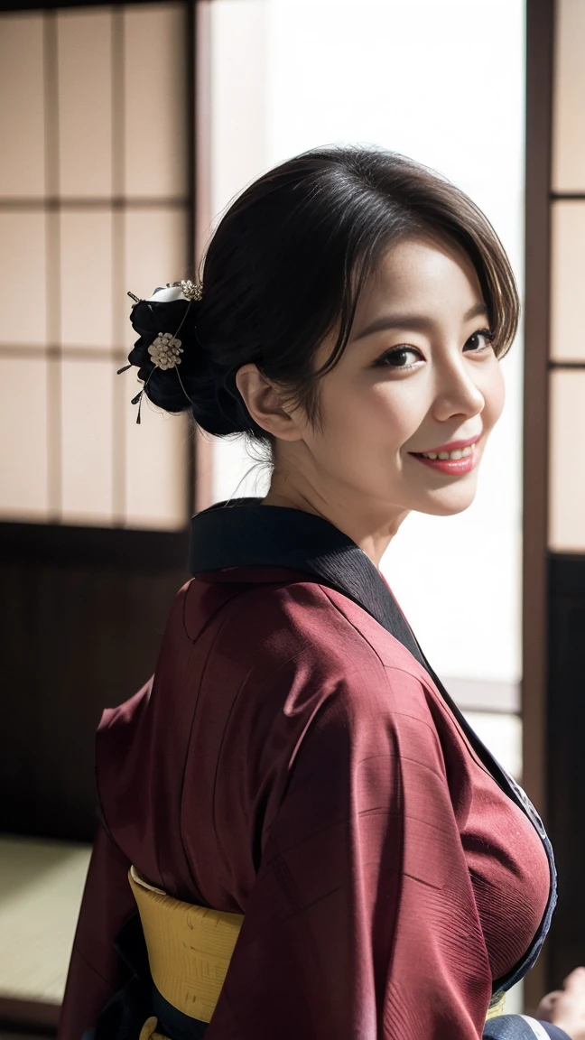 Mature attractive  woman,70 years old, ((kimono)),((vermilion))、(((kimono))),Shut,((:1.1)),(Facial wrinkles:1.3),light makeup,Silver Hair,Long Hair,(Full body photo:0.85),(Emphasize big ),8k, RAW Photos, Highest quality, Laughter,masterpiece,Highest quality、A kind smile、Captivating Gaze、Random Hairstyles、Japanese-style room、Shoji Screen、lanthanum、