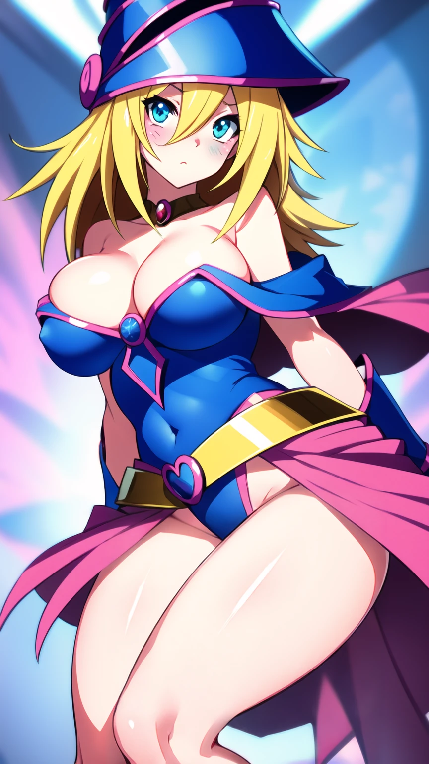 ((Dark Magician Girl Yu-Gi-Oh))、Super Breasts、Thick thighs、Blonde、magic circle、8k, 4K, Highest quality, High resolution: 1.2),Wink、Exposing one breast、Cute anime face、Pink blush on cheeks、Noise Reduction、A tight leotard