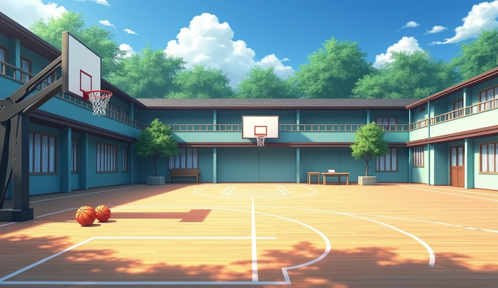 a Japanese school basketball court. the floor is wooden, the court is empty without any people; there are 2 basketball balls on the floor near to the baskets, and there is a table outside the court with a laptop; masterpiece, super detailed. image taken fr;om afar, anime art