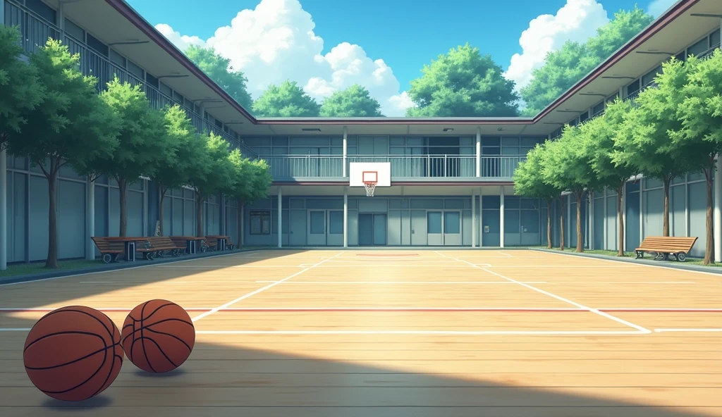 a Japanese school basketball court. the floor is wooden, the court is empty without any people; there are 2 basketball balls on the floor near to the baskets, and there is a table outside the court with a laptop; masterpiece, super detailed. image taken fr;om afar, anime art