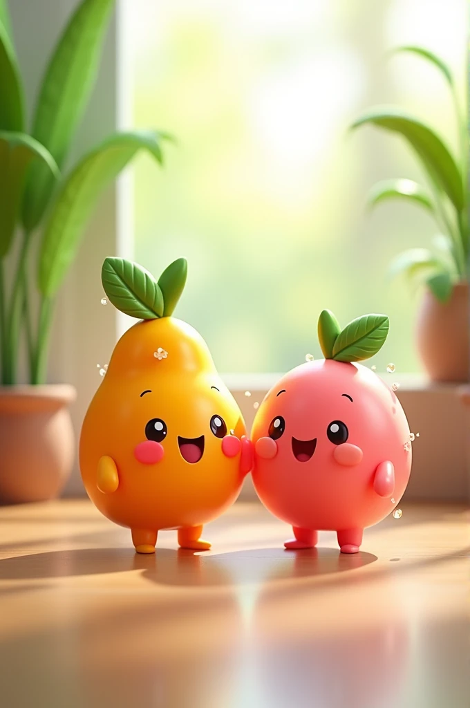 Create an image of two adorable, cartoonish fruit characters, one orange and one pink, both with cheerful smiles and tiny arms and legs. They have glossy, semi-transparent surfaces with tiny water droplets, and each has a small leaf on top. The background features a bright and airy indoor setting with green plants and soft natural light, creating a cozy atmosphere. The scene conveys a sense of happiness and friendship, with a gentle bokeh effect in the background.