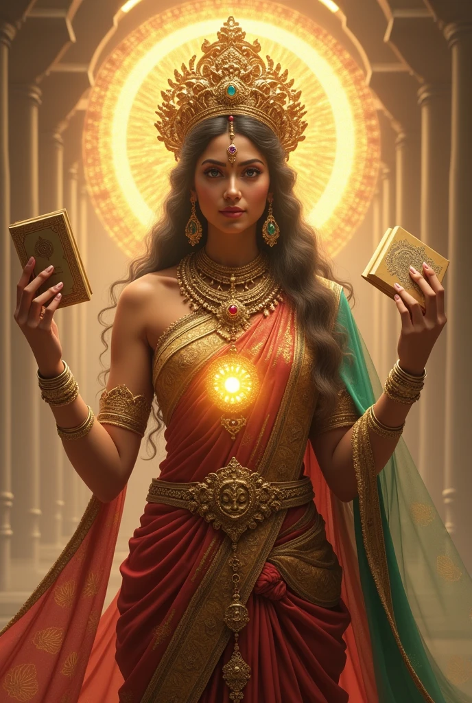"Create an ultra-realistic image of Goddess Mantrinatha, embodying her divine wisdom, authority, and grace. She should be depicted as a supremely beautiful and majestic deity, with a serene and powerful expression that reflects her deep knowledge and spiritual mastery. Her skin should have a radiant, golden glow, symbolizing her divine nature and purity.
Goddess Mantrinatha should be dressed in a luxurious, intricately embroidered saree in shades of deep red or vibrant green, adorned with gold patterns that symbolize her high status as a master of mantras and divine knowledge. Her attire should be complemented by elaborate jewelry, including layered necklaces, bangles, earrings, and a beautifully crafted crown set with precious gemstones, highlighting her regal and divine stature.
(Only two hands hands) she is holding sacred objects such as a scripture or palm-leaf manuscripts, representing her mastery of sacred texts and spiritual wisdom.
The background should depict a celestial setting, perhaps a grand temple or a mystical landscape with soft, glowing light and a sense of divine energy emanating from her presence. The overall image should capture the essence of Goddess Mantrinatha’s supreme beauty, wisdom, and spiritual authority in a highly realistic and detailed manner, emphasizing her role as a divine teacher and guide."