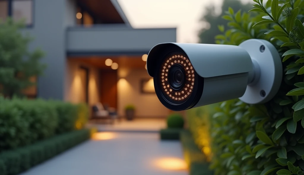 Creates a highly realistic and detailed scene by focusing on a modern security camera installed on the exterior of a stylish home. The camera is prominently positioned in the foreground, featuring intricate details such as the circular infrared LED array around the lens. The background features a softly-lit path leading to the entrance of a contemporary home, with lush greenery framing the scene. The depth of field effect slightly blurs the background, drawing attention to the camera's vigilant presence while capturing the calm and secure atmosphere of the property. The lighting is warm, casting soft shadows that enhance the realism of the scene.