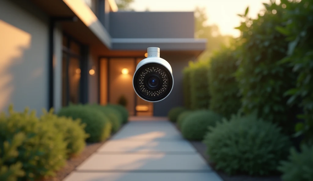 Creates a highly realistic and detailed scene by focusing on a modern security camera installed on the exterior of a stylish home. The camera is prominently positioned in the foreground, featuring intricate details such as the circular infrared LED array around the lens. The background features a softly-lit path leading to the entrance of a contemporary home, with lush greenery framing the scene. The depth of field effect slightly blurs the background, drawing attention to the camera's vigilant presence while capturing the calm and secure atmosphere of the property. The lighting is warm, casting soft shadows that enhance the realism of the scene.