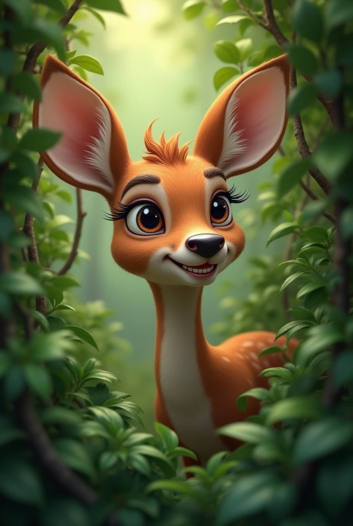 Arrival of Deer: Picture of a talking deer poking its head out from behind the bushes.  The deer may have a playful smile on its face