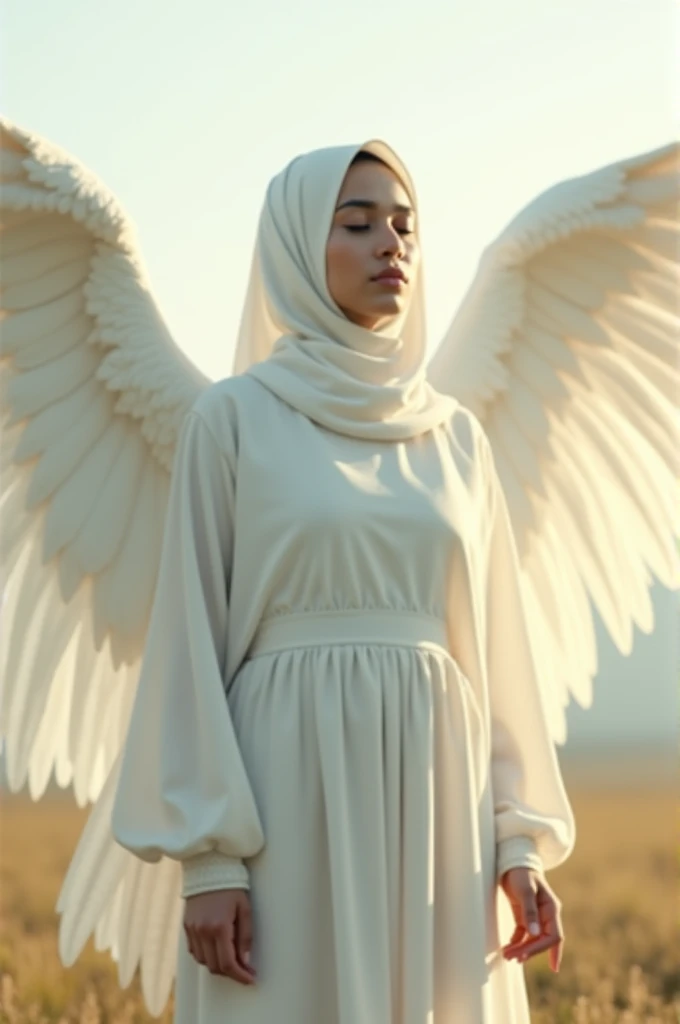 Girl in white hijab on her back big wings