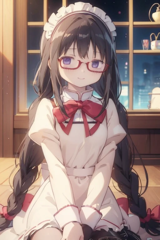 (high quality、masterpiece)、One Girl、アニメ、ultra hi resolution picture、Depth of written boundary、smile、cute、View your viewers、Glasses、Twin braids、whole body、homura akemi、Coffee shop、Maid clothes