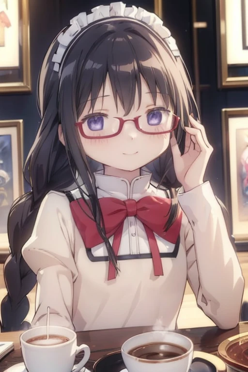 (high quality、masterpiece)、One Girl、アニメ、ultra hi resolution picture、Depth of written boundary、smile、cute、View your viewers、Glasses、Twin braids、whole body、homura akemi、Coffee shop、Maid clothes