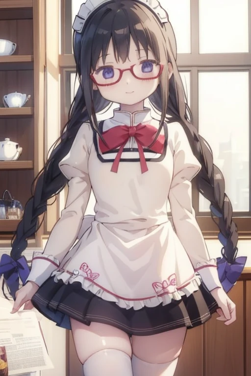 (high quality、masterpiece)、One Girl、アニメ、ultra hi resolution picture、Depth of written boundary、smile、cute、View your viewers、Glasses、Twin braids、whole body、homura akemi、Coffee shop、Maid clothes