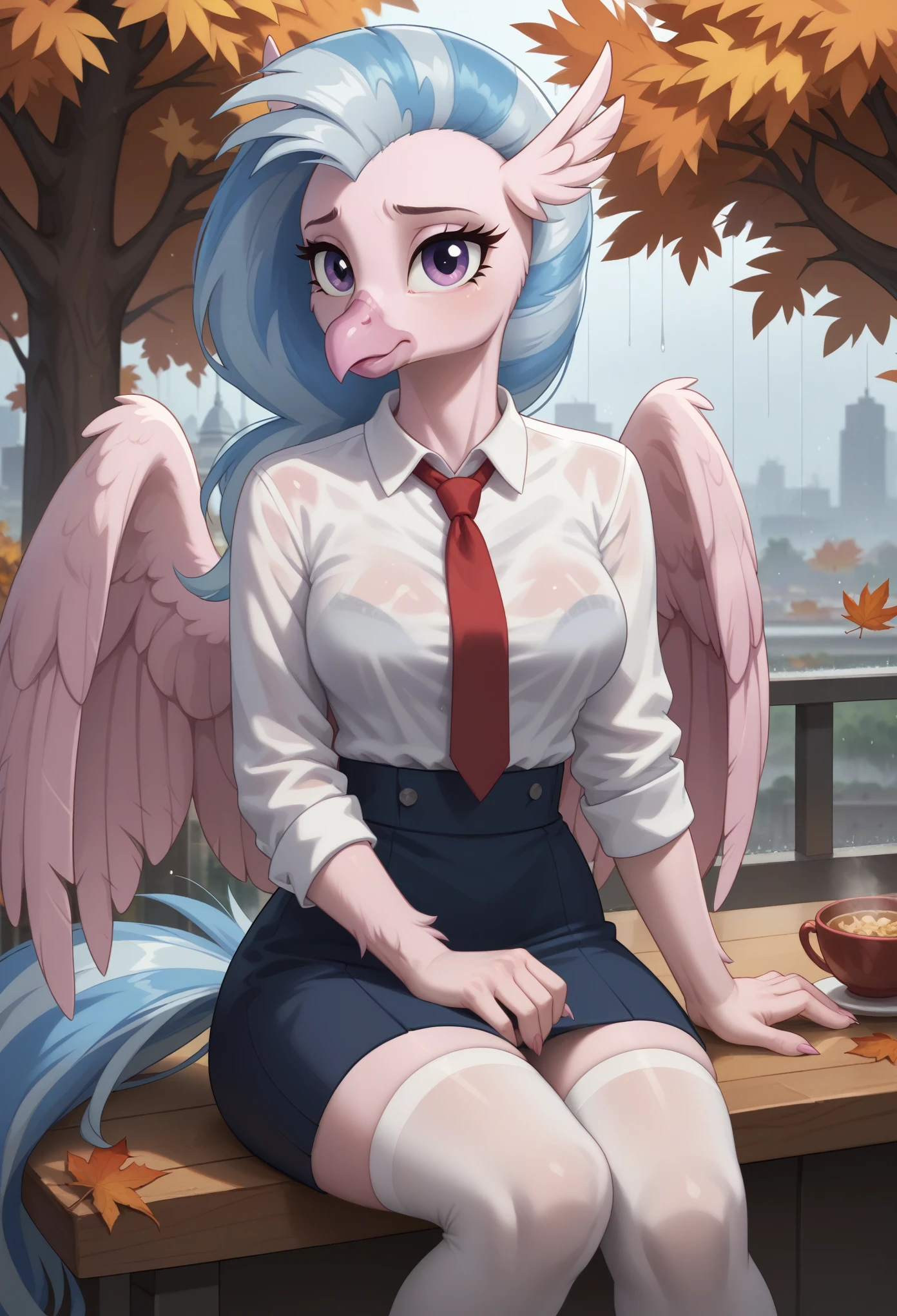 score_9, score_8_up, score_7_up, score_6_up, score_5_up, score_4_up, 1girl, solo, anthro, Silverstream from my little pony, show accurate my little pony, wings, deep neckline, middle breasts, wide hips, tail, looking up at viewer, hippogriff, beak, autumn, yellow trees, rain, white shirt, blue skirt, white stockings, city, fallen leaves, sittind, sad, claws, red necktie, sitting at a table in a cafe, looks out the window