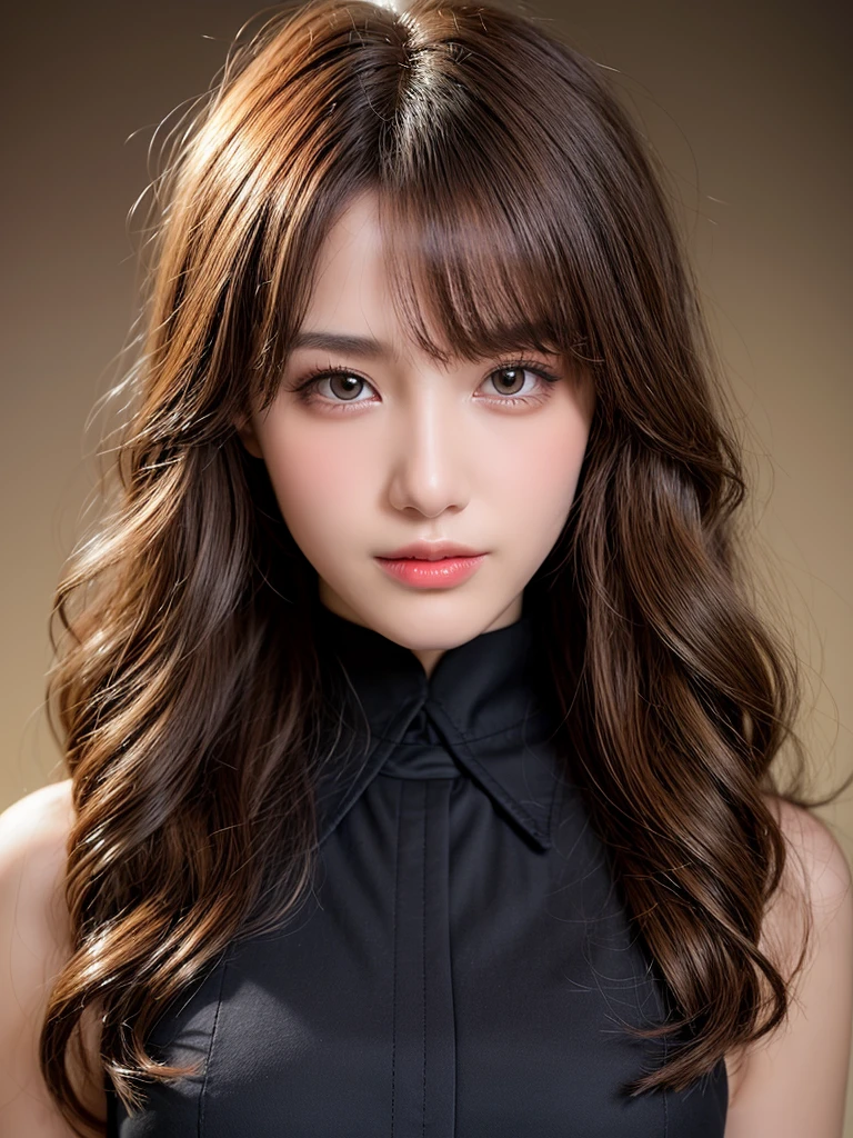 (Detailed skin:1.2),(Glowing Skin:1.1),8k,Highest quality, masterpiece, Ultra-high resolution,(Realistic:1.4), RAW Photos,(Soft Saturation:1.3),(Fair skin:1.2),Japanese Idols,repair,20 years, Brown Hair, Long Hair, Asymmetrical hair, Wavy Hair, (Perfect Anatomy),
(Pretty face:1.4), (Big Breasts, Tight waist), Beautiful lighting, Small Head,
(Black office suit:1.2,), Highly detailed face, Highly detailed lips, fine grain, double eyelid,, ((Full Body Shot:1.2)), Sharp focus: 1.2, Beautiful woman with perfect figure: 1.2、Random Pause,Accentuate the lines of your legs、smile、