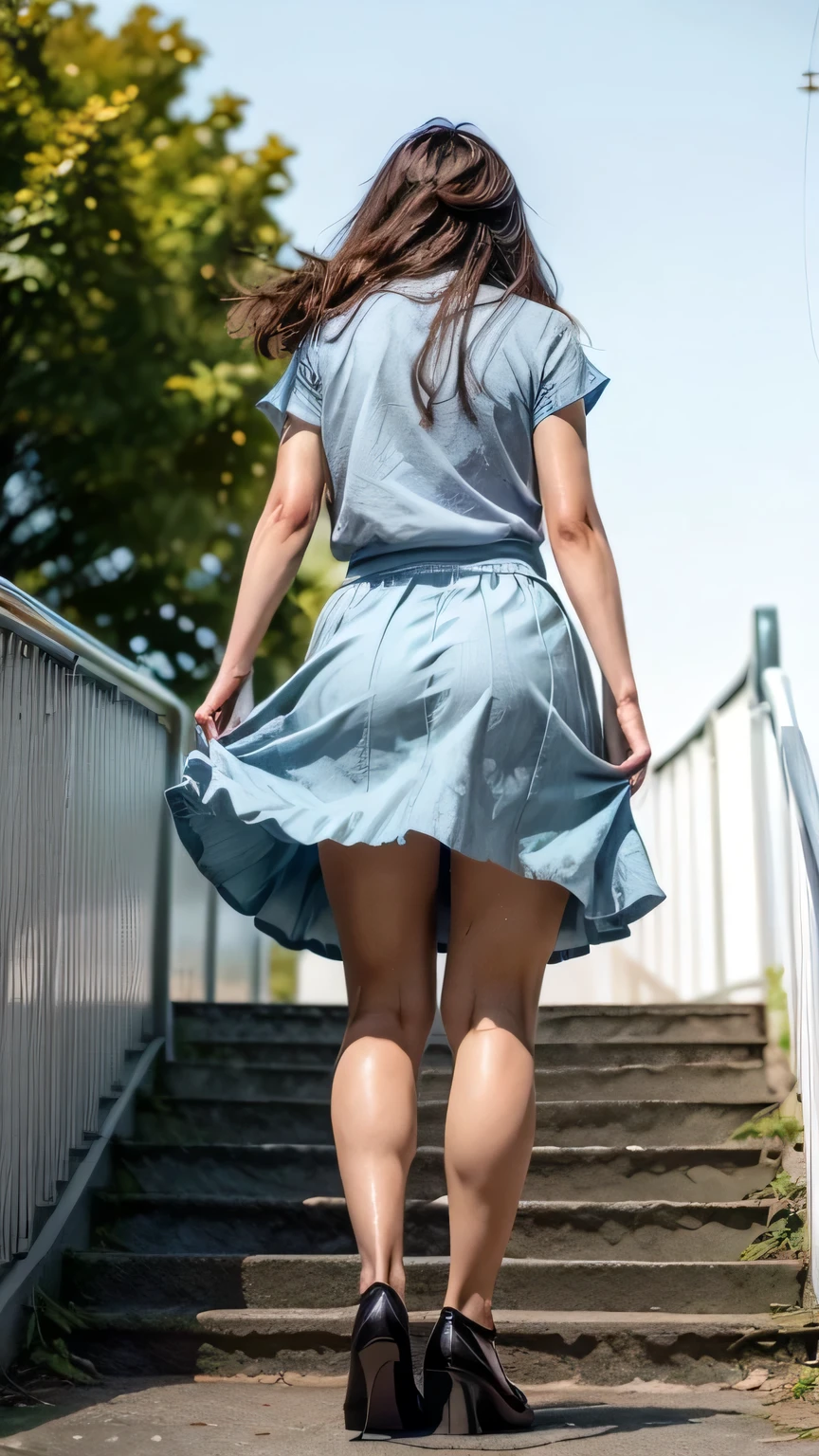 (Climbing the stairs:1.2、Carry a backpack、Stick your butt out)、((White blouse、(Wearing a light blue long skirt:1.3))、(Rear View、View from directly below)、(Realistic、Like a photograph、Live Action、8k, Realistic, RAW Photos, Best image quality: 1.4), Single-lens reflex camera、RAW Photos, Highest quality, Realistic, Highly detailed CG Unity 8k wallpaper, Written boundary depth, Cinematic Light, Lens flare, Ray Tracing, Realistic background、((ultra high density skin))、 after school、(whole body:1.5)、Long Hair 1.2、Hair blowing in the wind:1.4)、I like that style、stylish、Very detailed、Pay attention to the details、Perfect outfit、(Sunburned skin)、Rear View、Accurate hands、Accurate legs、Detailed hands and fingers、Anatomically correct body、Thin legs、Thin thighs、Small breasts、Very detailedな顔