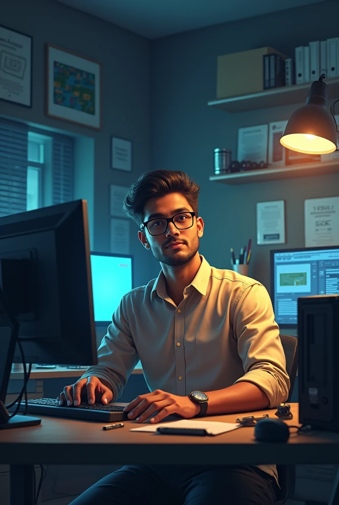 could you please draw a picture of a person looking for an entry-level IT job? He is male, not 30, has brown skin, he is from a South Asian region, wears glasses and is well groomed, unfortunately he has hair loss. He is excited to take on new challenges! He is simply dressed and is in a room with a computer, PC components as well as hardware and tools.