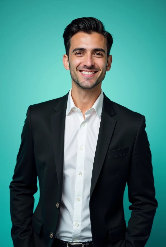 A young man with dark hair and confident smile. He is dressed in a black blazer over a White shirt.The man is positioned Against aqua colour backdrop. And he is positioning for linkedin profile 