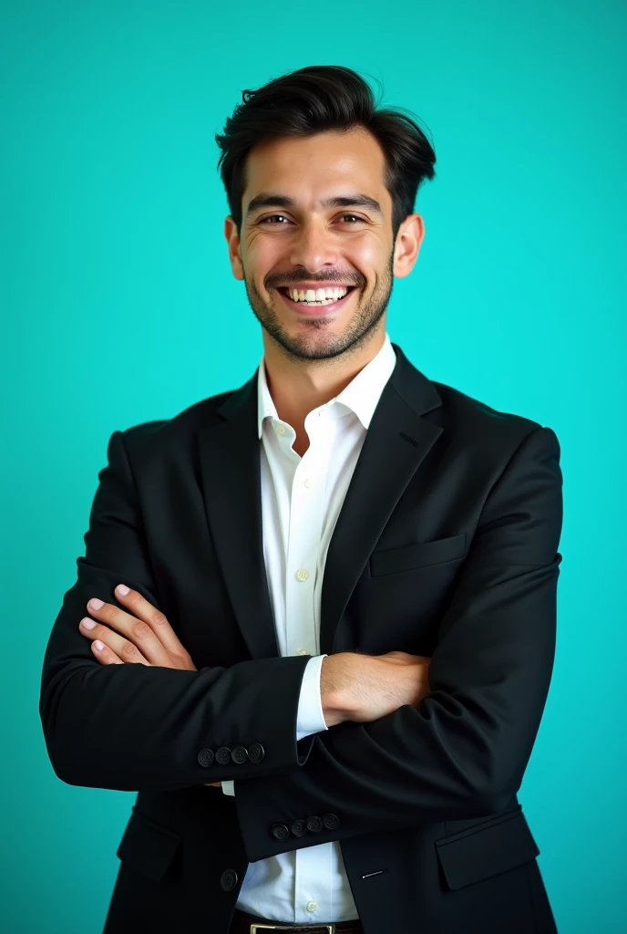 A young man with dark hair and confident smile. He is dressed in a black blazer over a White shirt.The man is positioned Against aqua colour backdrop. And he is positioning for linkedin profile