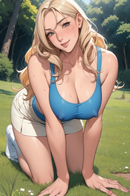 (masterpiece), (best quality), 1girl, (perfect face:1.2), (beautiful face:1.2), platinum blonde hair, Long hair, wavy at the ends.happy, light smile, looking at viewer, pose,
Best Picture, Masterpiece, 4K, High Quality, One AdulA woman is on all fours in a grassy meadow. A large dog is holding her back. Silk underwear. A complete body. Perfect hands and legs. Beautiful body, beautiful legs. Beautiful hands. Perfect body, perfect legs. Perfect hands. Cowboy shot
Woman's sweaty, wet, scantily clad, visible breasts and erect nipples. Sweat is soaking through.
The woman blushes and smiles mischievously.
One cool, mature woman and one big dog. Tank top, hot pants.
One cool adult woman
She is crawling on all fours in a wooded, overgrown area. A big dog is hugging her back.
(A very short skirt).