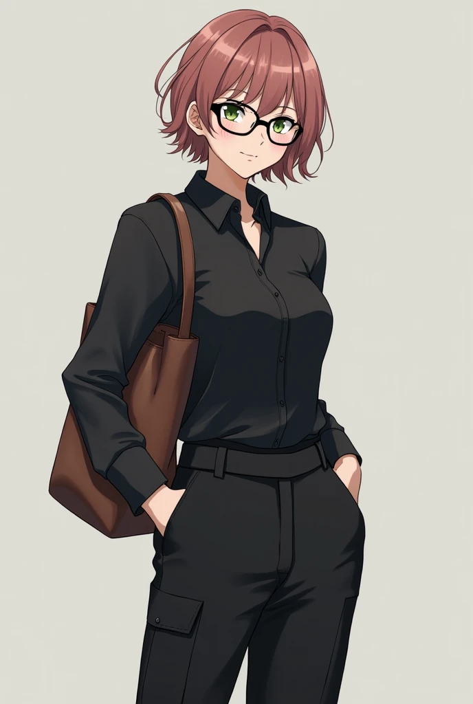 Haruka Tenou wearing glasses, black shirt with collar, black cargo pants & dark chocolate loafers 