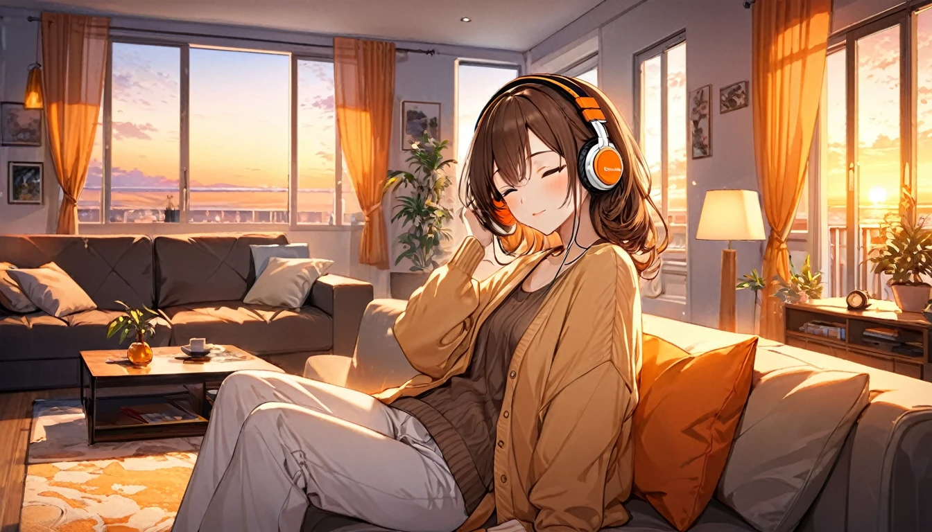 (Brown haired woman wearing headphones), (Relaxing in the living room in the evening listening to background music), (Very detailed, masterpiece, Highest quality, bright), (Anime Style)
background: Orange sky at sunset: Calm eyes closed, relaxed expression: Light cardigan and pants pose: Sitting on the sofa、A scene of people relaxing in a relaxed posture: In a calm space at dusk、Relaxing time surrounded by background music

