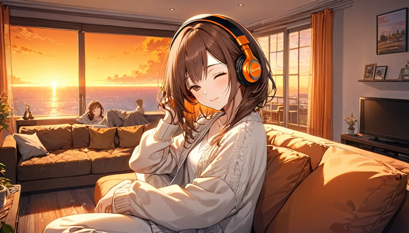 (Brown haired woman wearing headphones), (Relaxing in the living room in the evening listening to background music), (Very detailed, masterpiece, Highest quality, bright), (Anime Style)
background: Orange sky at sunset: Calm eyes closed, relaxed expression: Light cardigan and pants pose: Sitting on the sofa、A scene of people relaxing in a relaxed posture: In a calm space at dusk、Relaxing time surrounded by background music
