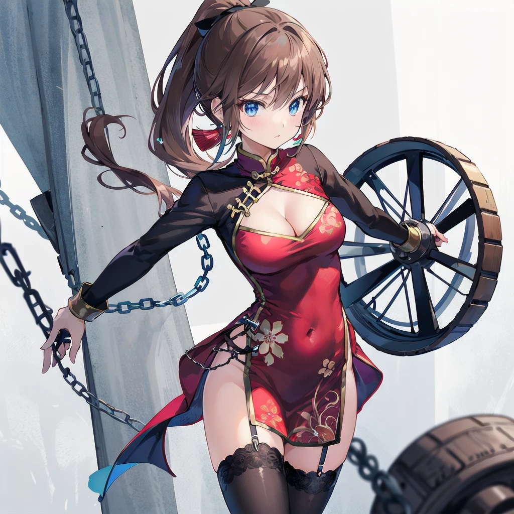 a anime girl chained to a heavy ball and chain as she stands, 1girl, chinese clothes, solo, china dress, thighhighs, dress, ponytail, blue eyes, breasts, brown hair, jewelry, long hair, clothing cutout, chain, cleavage cutout, earrings, weapon, black thighhighs
