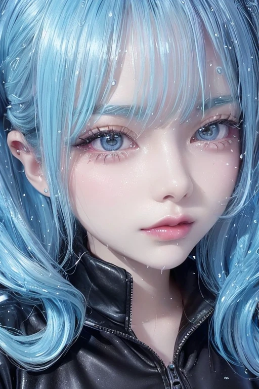 Close-up of a woman in a wet suit in the water, Rain-drenched, Gu Weiss, closeup fantasy with water magic, Covered with water droplets, soak, Rainy and humid, Wet, Wet flowing hair, Wet body, artwork in the style of Gu Weiss, Ethereal Beauty, Beautiful body and face, The water reached her shoulders.