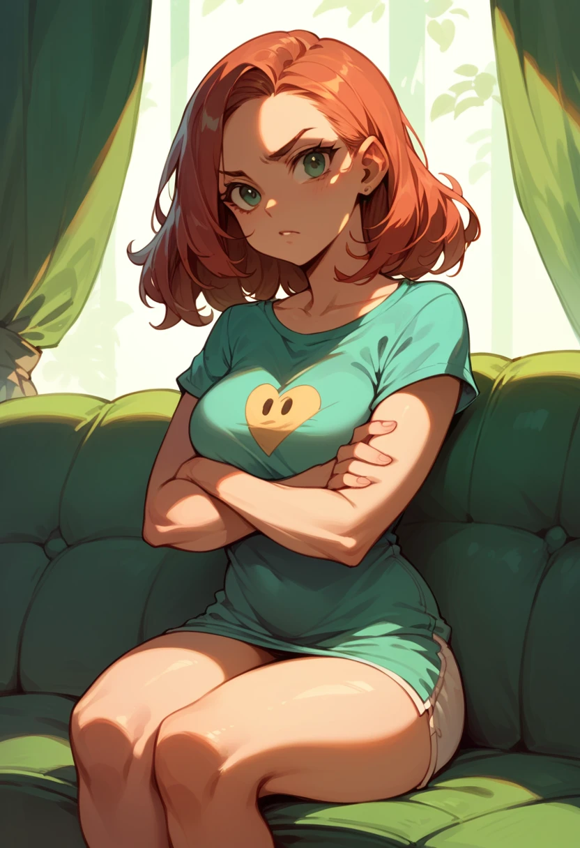 beautiful teenage woman, sitting, Crossed arms, squeezing small round tits