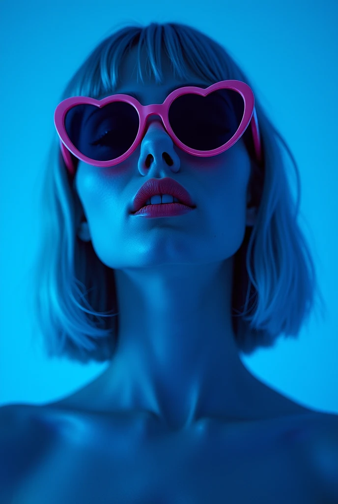 The best cell phone wallpaper, Award-Winning Wallpaper, portrait photography, In the front view is a portrait of a cute naked girl, new age fashion, front view photo, Shot with Canon EOS R5, Set a strong contrast that accentuates the subject, Fluorescent blue tone, Wearing a very modern way and sunglasses is a modern 1960s style, beautiful background