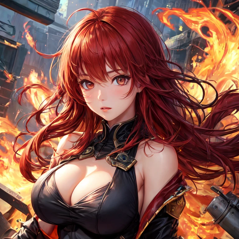 Beautiful girl covered in fire with red hair brown eyes big breasts UHD, textured skin, super detail, high details, high quality,