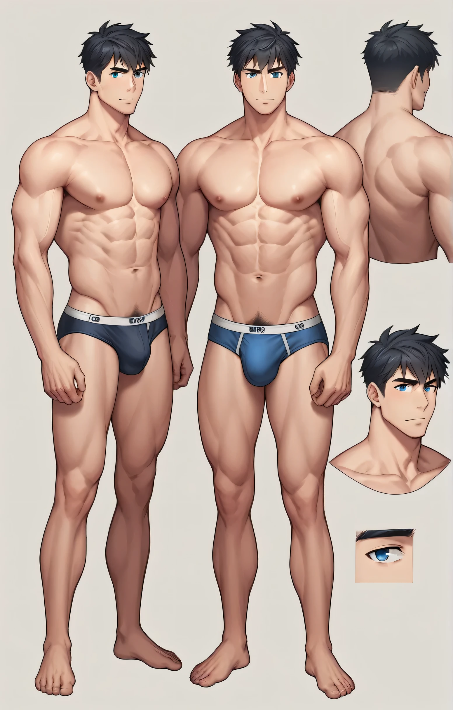 1boy, single, reference sheet, character design, front angle, side angle, left side angle, right side angle, dynamic poses, (masterpiece:1.2), (best quality:1.3), (reference sheet:1.5), adult anime male, huge man, very tall man, masculine body, muscle body, muscle tall male, athletic body, muscle builder, muscle, bulky body, giant, Bara, 6ft. male, (Blue eyes), (short hair), (short bangs), (black hair), (pale skin), (pale skin color), beard, naked, naked men, nude, nsfw, handsome, wide chest, string underwear, speedo, huge hips, wide hips, daddy, barefoot, not wearing pants, rugged, 40 years old, pubic hair, big bulge
