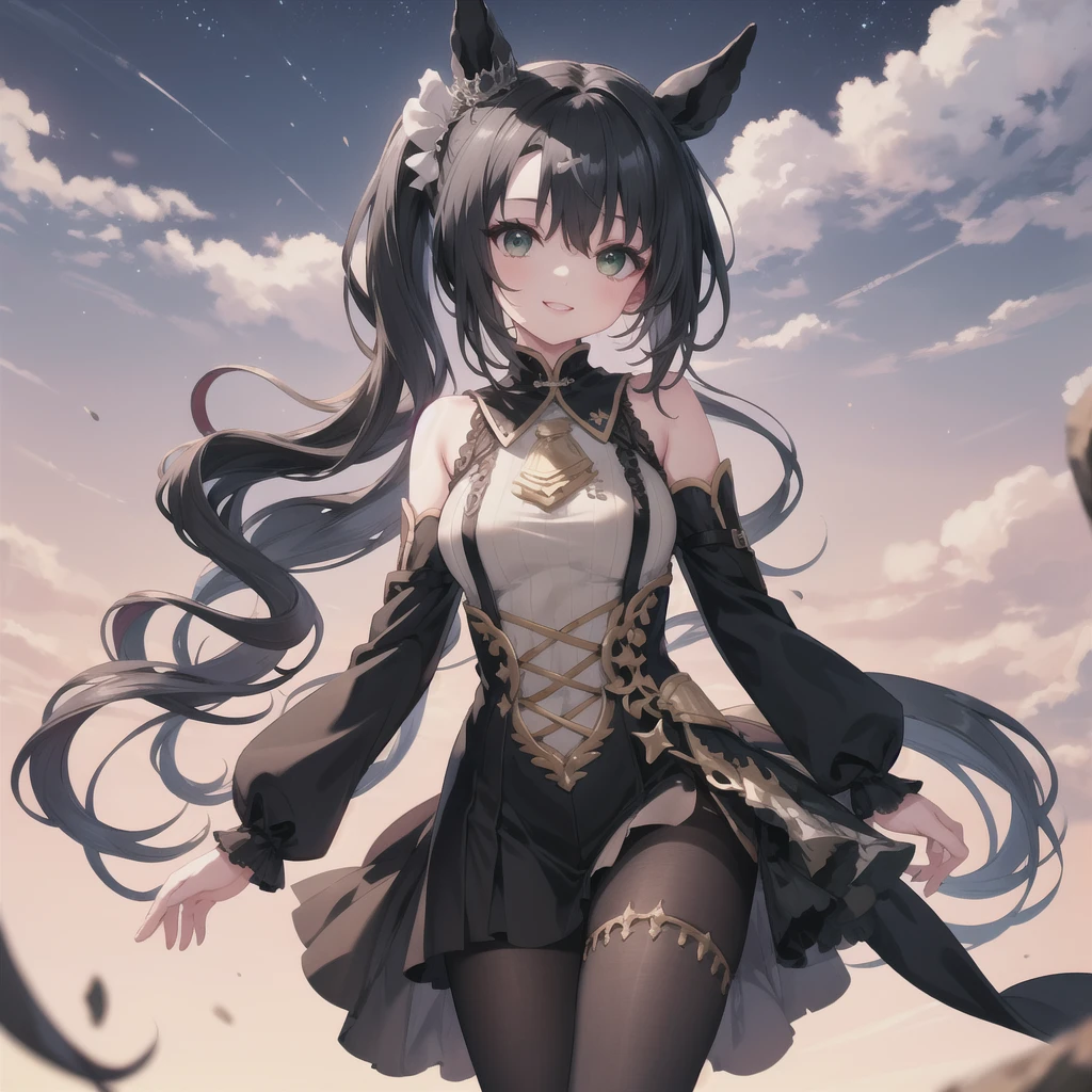 Highest quality、Highest quality、Highest Resolution、masterpiece、Anime Drawing、独奏。淡いgreen shoulderless long knit。pantyhose。lipstick、smile。Glamorous Body、Beautiful breasts、Touch your head with your hand、Active Posing。Black Hair、Long Hair、ponytail。Lots of hair ornaments。Beautiful child with horse ears。Night Sky、Strong winds、Chest centered。